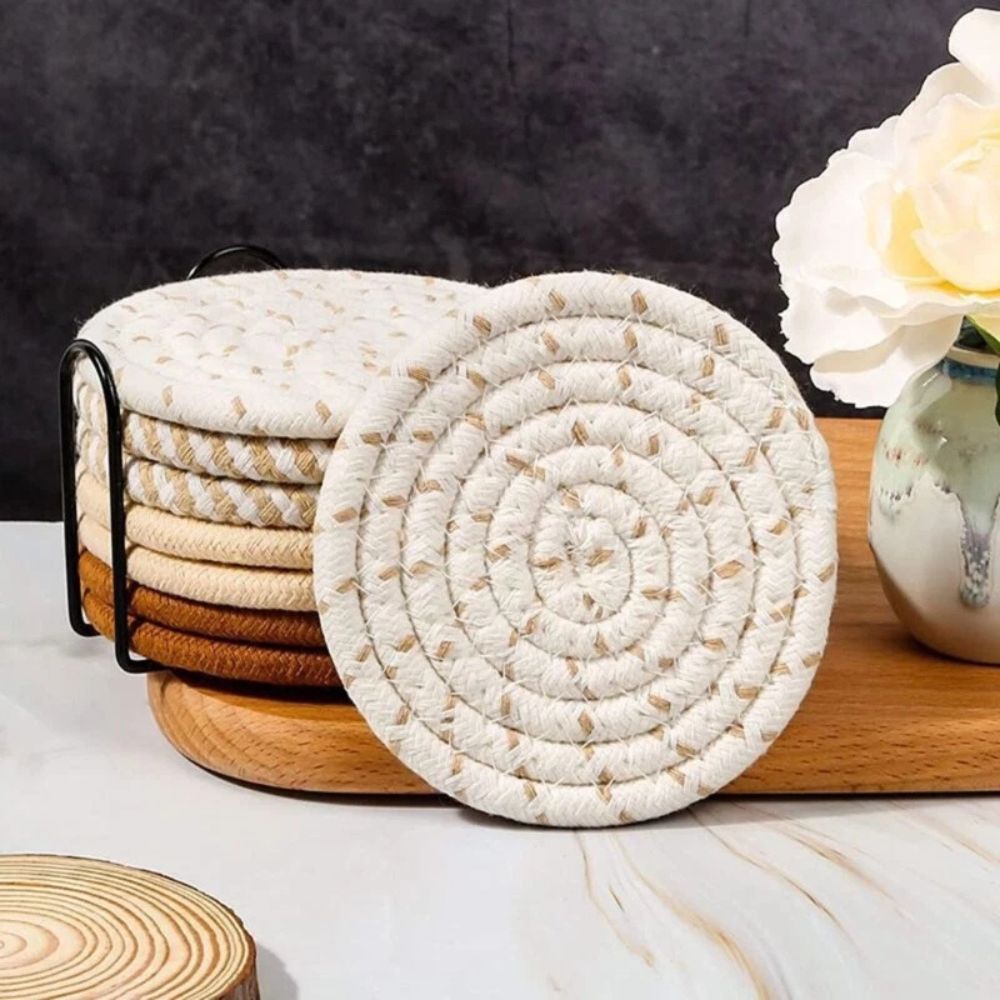 Set of Woven Cotton Coasters Round with Metal Holder for Hot and Cold Drinks