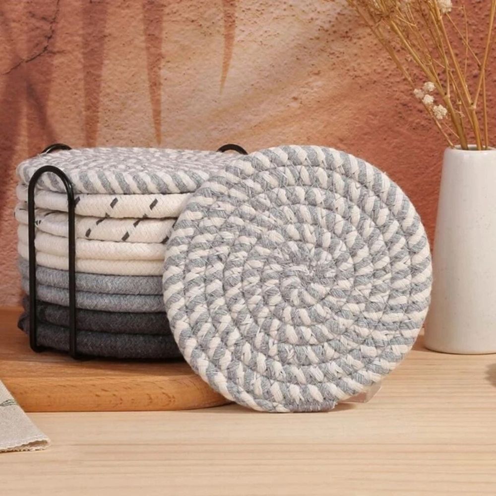 Set of Woven Cotton Coasters Round with Metal Holder for Hot and Cold Drinks
