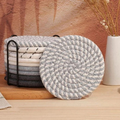 Set of Woven Cotton Coasters Round with Metal Holder for Hot and Cold Drinks