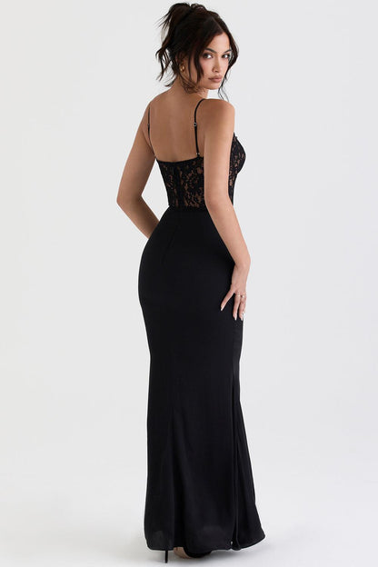 Floor-length women's evening dress with lace top and spaghetti straps