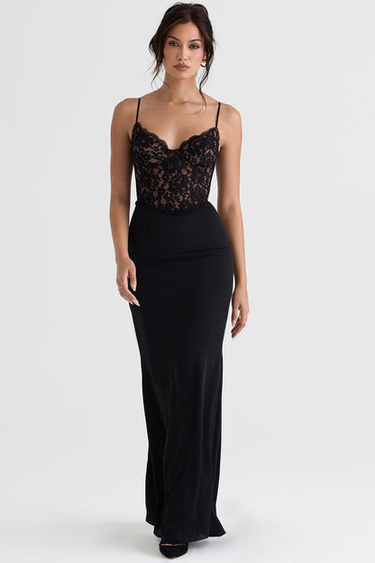 Floor-length women's evening dress with lace top and spaghetti straps