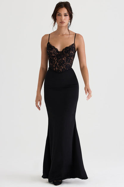 Floor-length women's evening dress with lace top and spaghetti straps