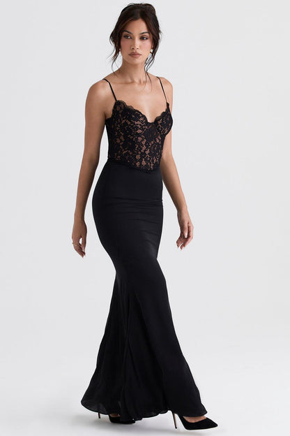 Floor-length women's evening dress with lace top and spaghetti straps