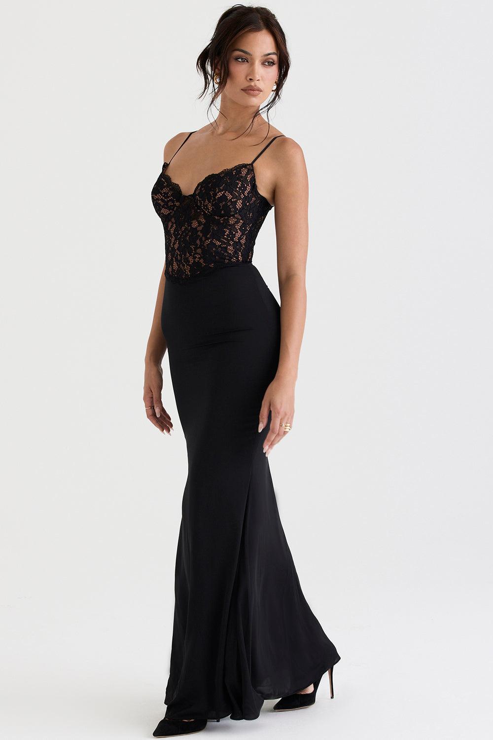 Floor-length women's evening dress with lace top and spaghetti straps