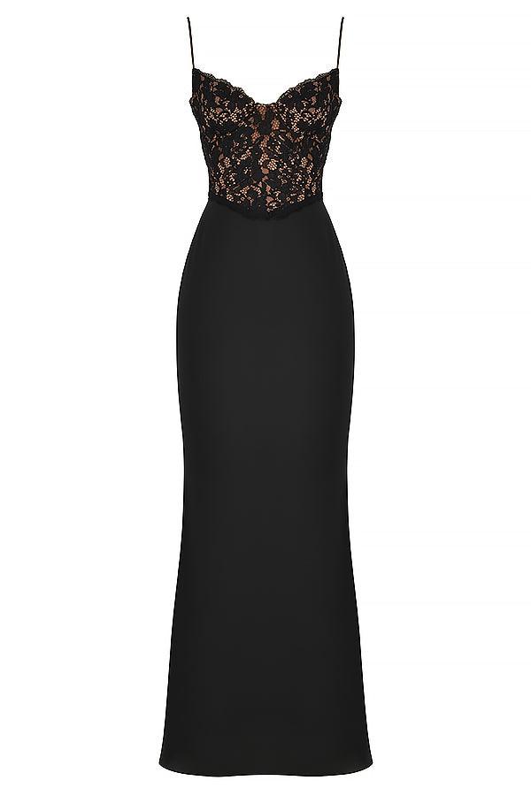 Floor-length women's evening dress with lace top and spaghetti straps