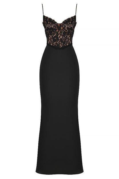 Floor-length women's evening dress with lace top and spaghetti straps