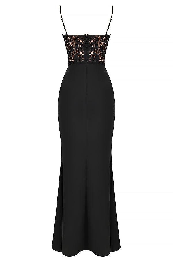Floor-length women's evening dress with lace top and spaghetti straps