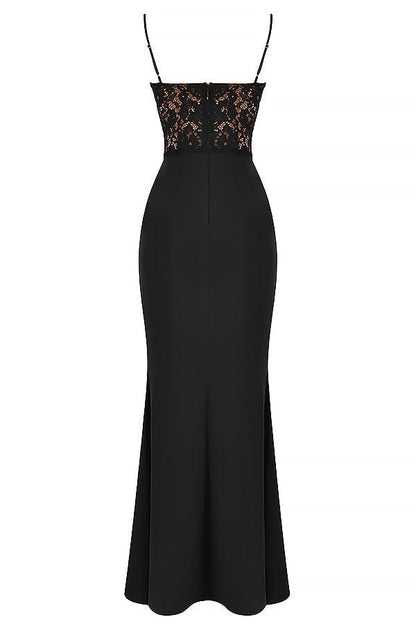Floor-length women's evening dress with lace top and spaghetti straps