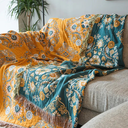Boho cotton reversible throw with mandala pattern and fringes, sofa cover multi-layered