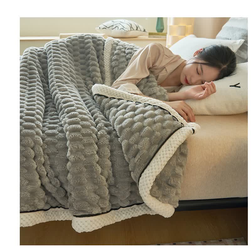 Reversible coral fleece blanket with 3D popcorn texture and contrast trim, extra thick and soft for sofa and bed