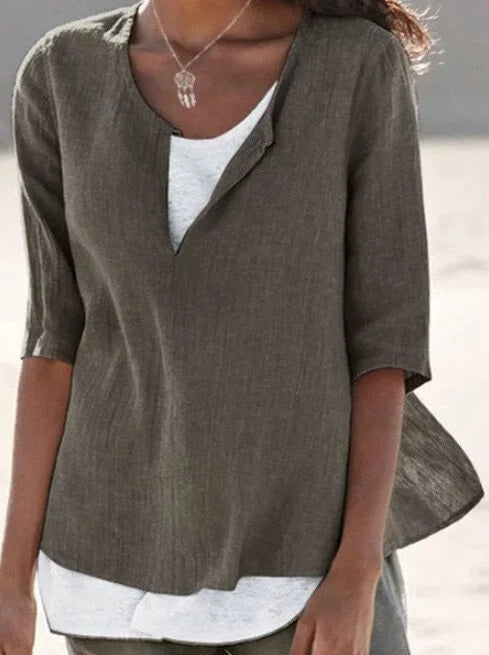 Women's Linen Blouse with Half-Length Sleeves Loose Fit Hip-Length Layered Look