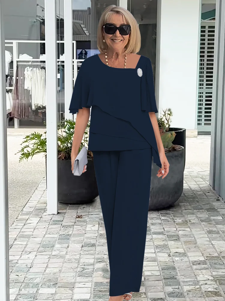 Women's Two-Piece Festive Set with Asymmetric Chiffon Top and Straight Pants Brooch Detail