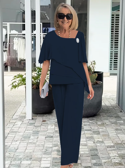 Women's Two-Piece Festive Set with Asymmetric Chiffon Top and Straight Pants Brooch Detail