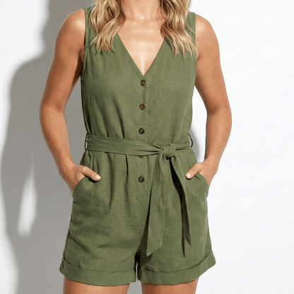 Women's shorts jumpsuit with button placket and pockets