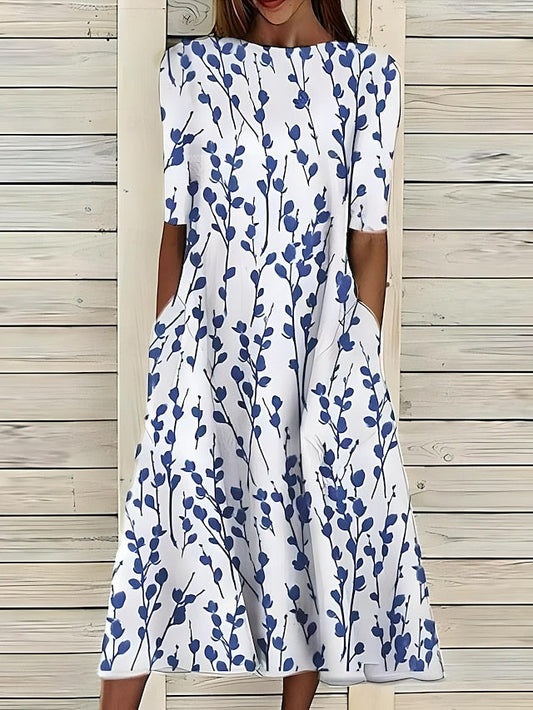 Damen Midikleid mit Floralem Print in A-Linie Rundhalsausschnitt Kurzarm mit Eingriffstaschen