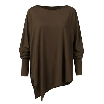 Women's summer top with boat neckline and asymmetrical hem
