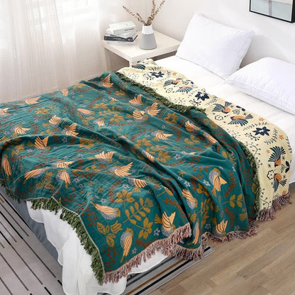Boho cotton reversible blanket with bird and flower jacquard pattern, fringes, multi-layered sofa cover