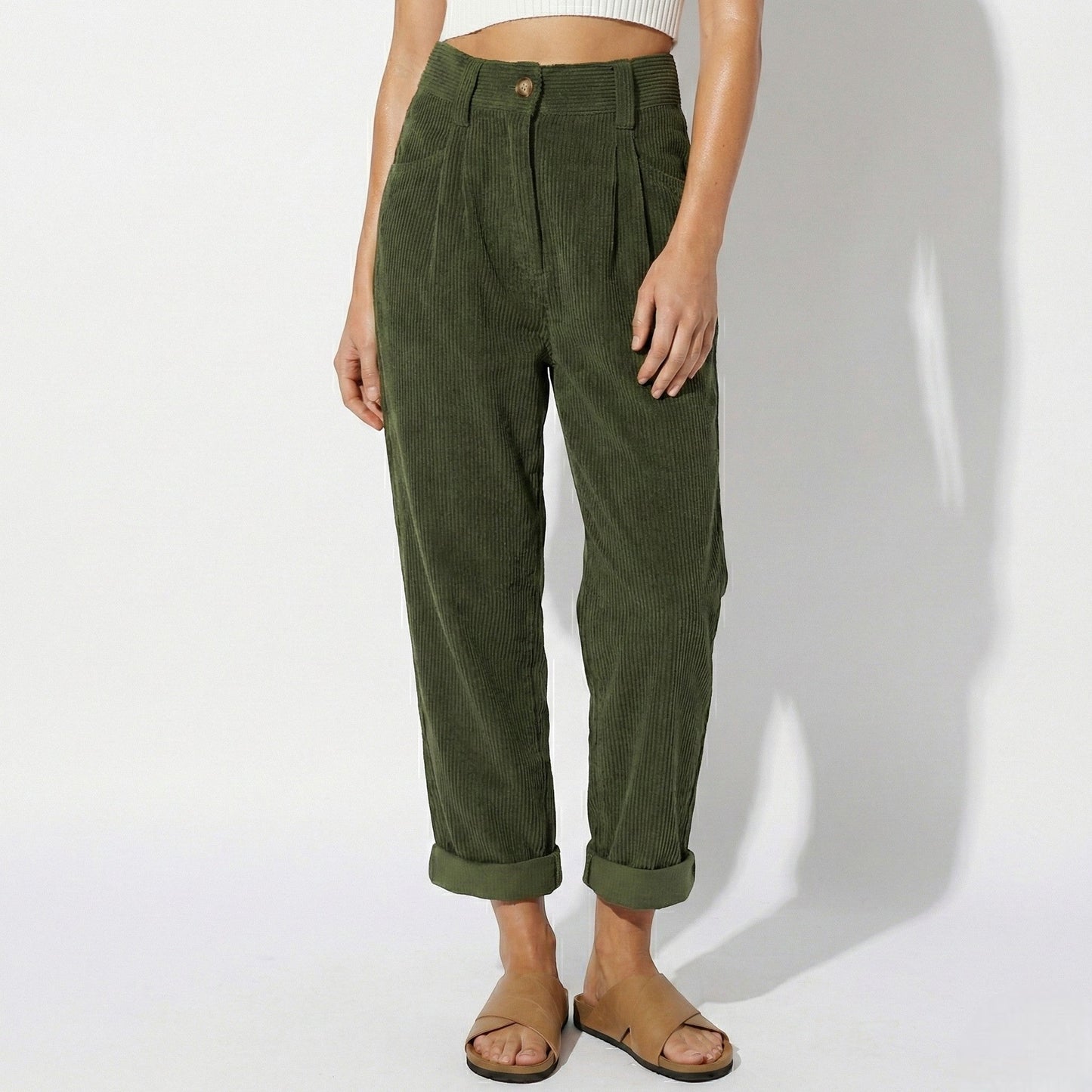 Women's corduroy pants with high waist, loose fit