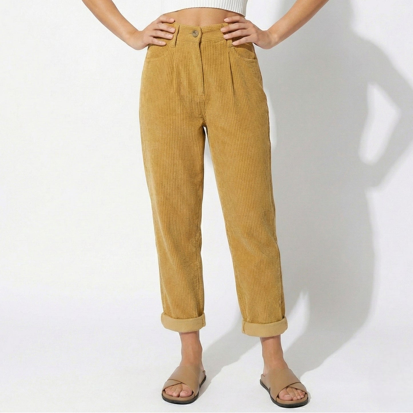 Women's corduroy pants with high waist, loose fit