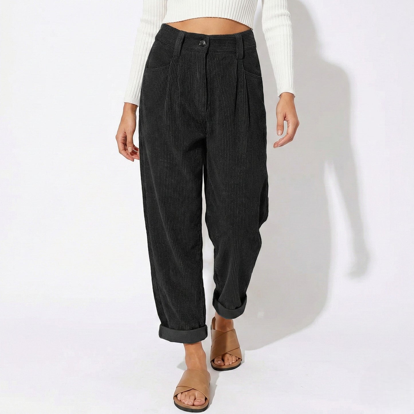 Women's corduroy pants with high waist, loose fit
