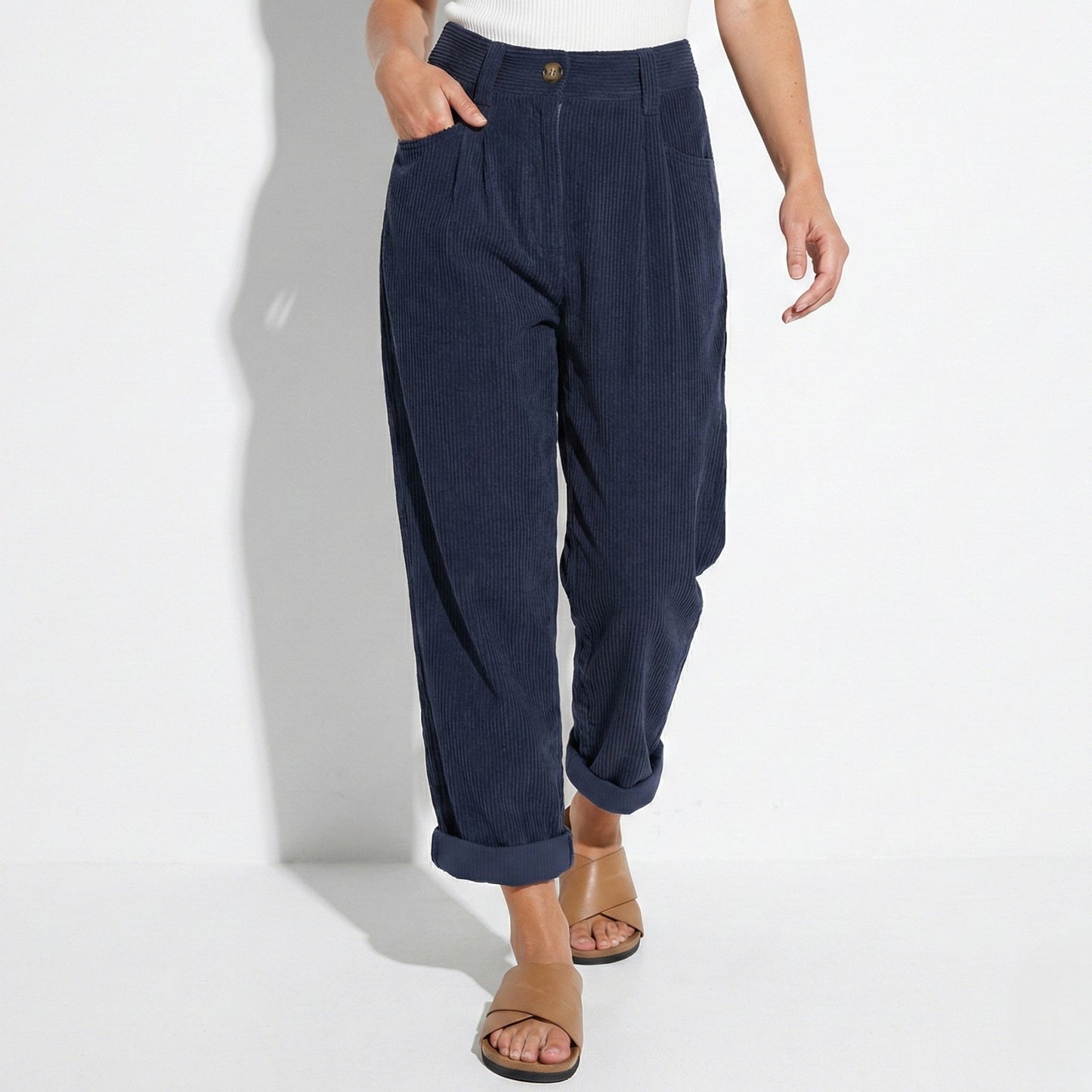 Women's corduroy pants with high waist, loose fit