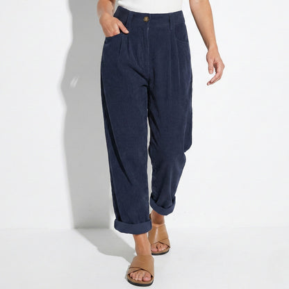 Women's corduroy pants with high waist, loose fit