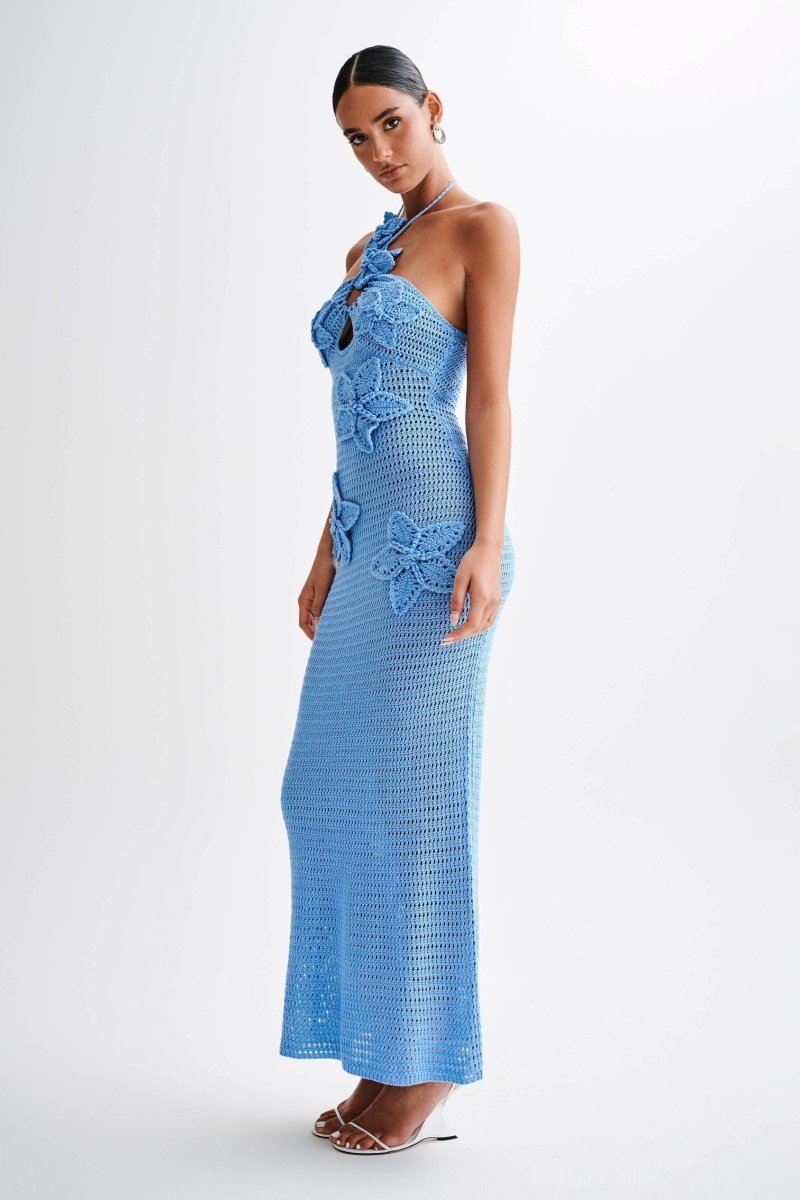 Madison women's maxi dress with crochet lace and floral appliqués