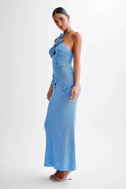 Madison women's maxi dress with crochet lace and floral appliqués