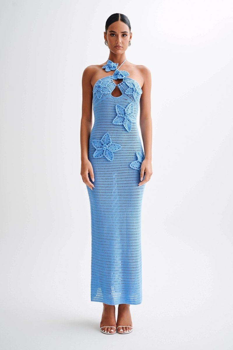 Madison women's maxi dress with crochet lace and floral appliqués