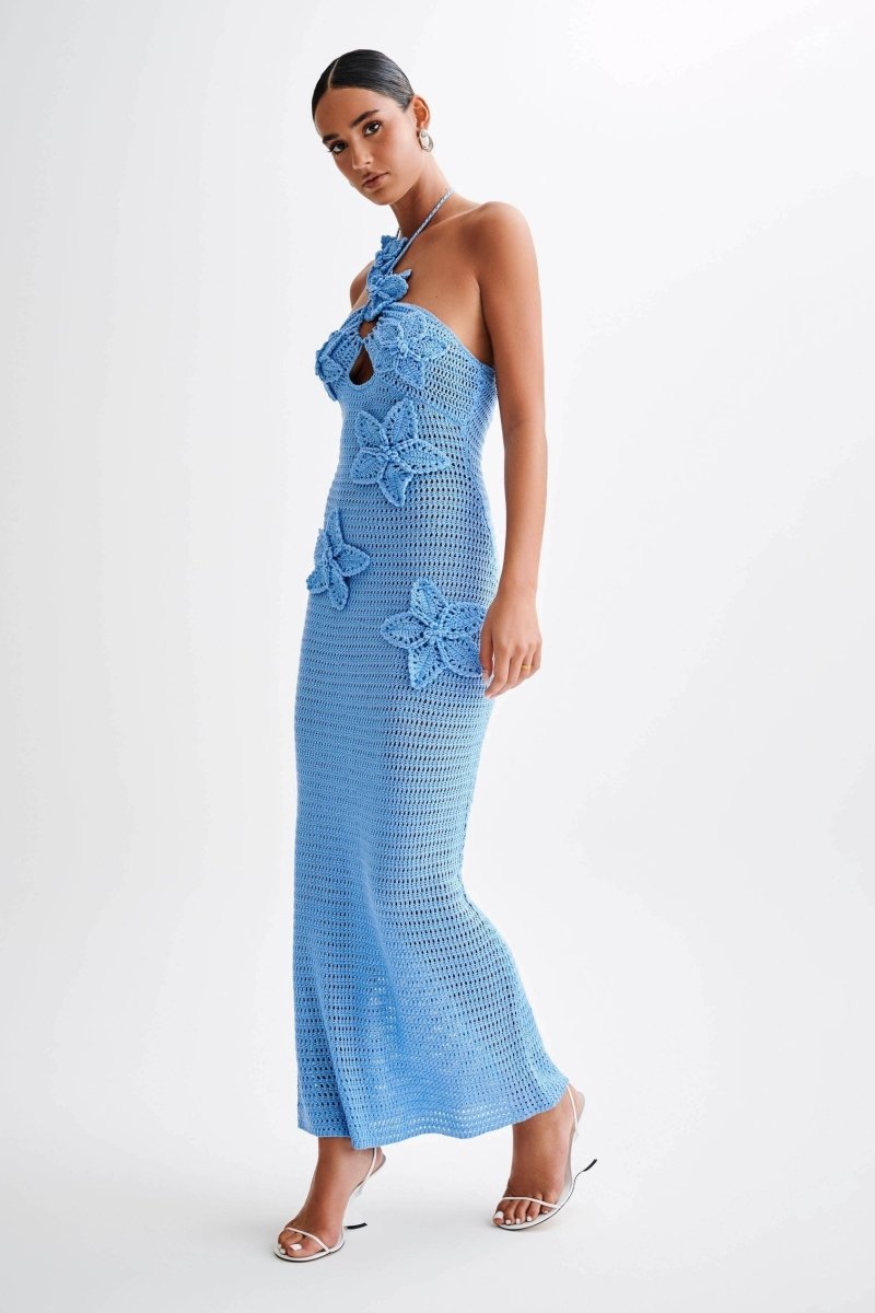 Madison women's maxi dress with crochet lace and floral appliqués