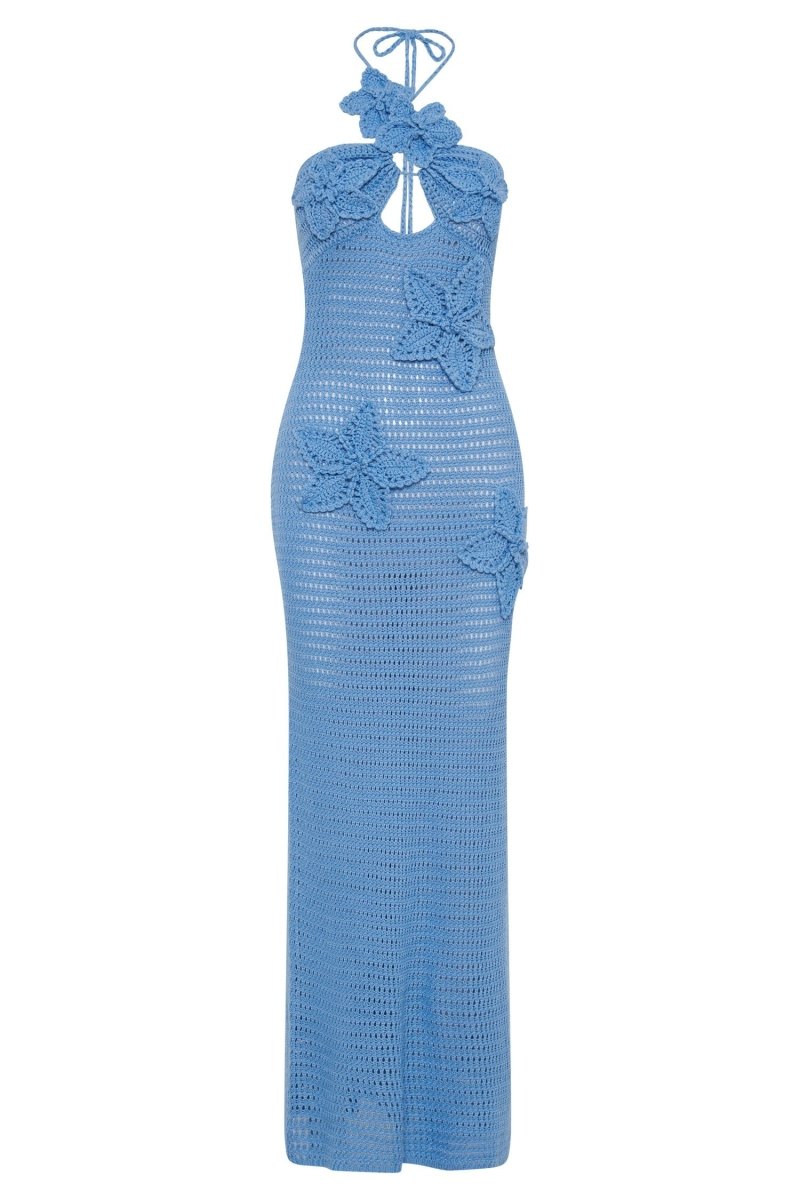 Madison women's maxi dress with crochet lace and floral appliqués