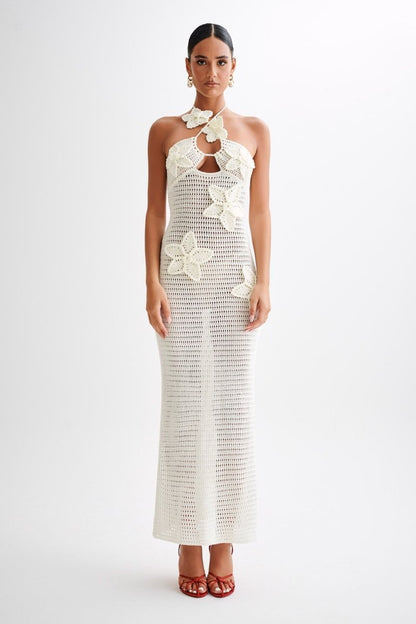 Madison women's maxi dress with crochet lace and floral appliqués