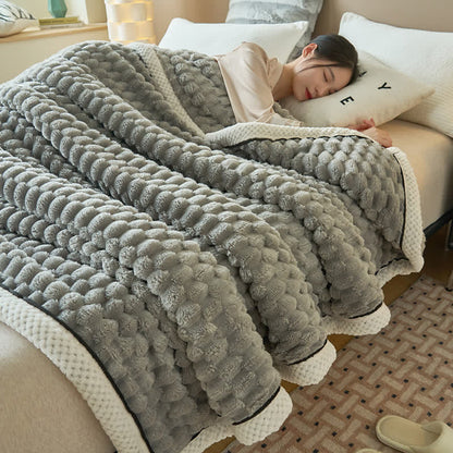 Reversible coral fleece blanket with 3D popcorn texture and contrast trim, extra thick and soft for sofa and bed
