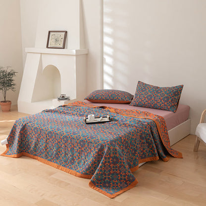 Reversible six-layer cotton blanket with mandala pattern and border, breathable for summer and transitional seasons