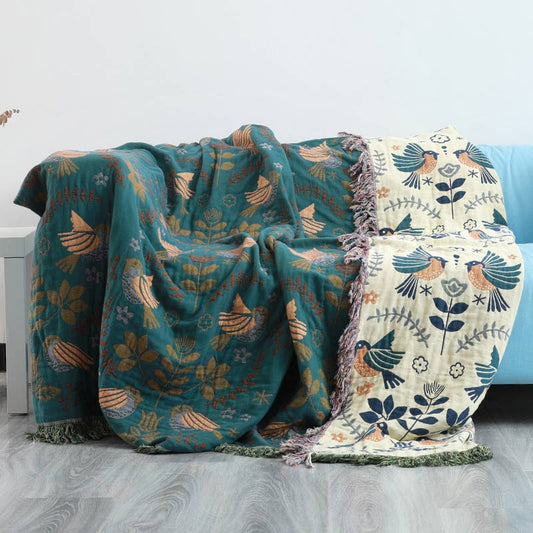 Boho Baumwoll Decke Wendbar mit Vogel und Blumen Jacquard Muster Fransen Mehrlagig Sofaüberwurf