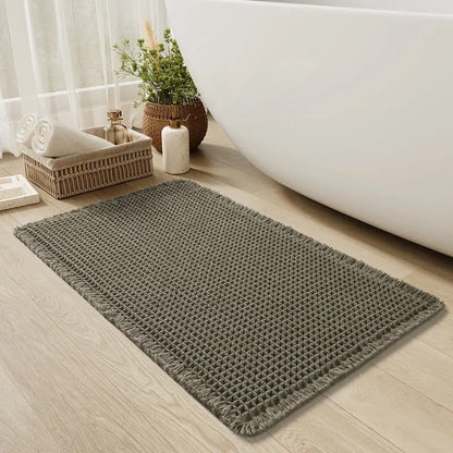 Bath mat with waffle texture and fringes, non-slip and quick-drying made of soft microfiber chenille