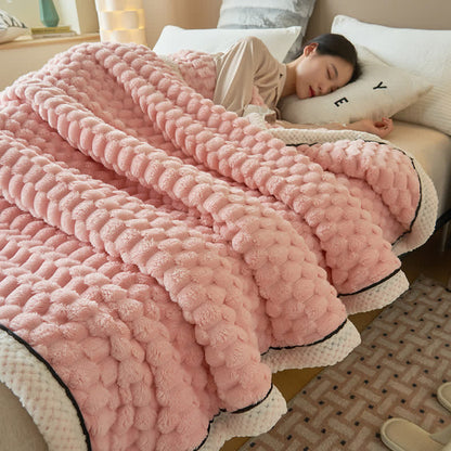 Reversible coral fleece blanket with 3D popcorn texture and contrast trim, extra thick and soft for sofa and bed
