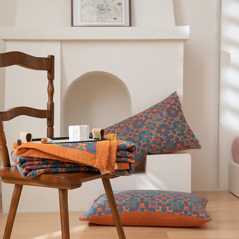 Reversible six-layer cotton blanket with mandala pattern and border, breathable for summer and transitional seasons