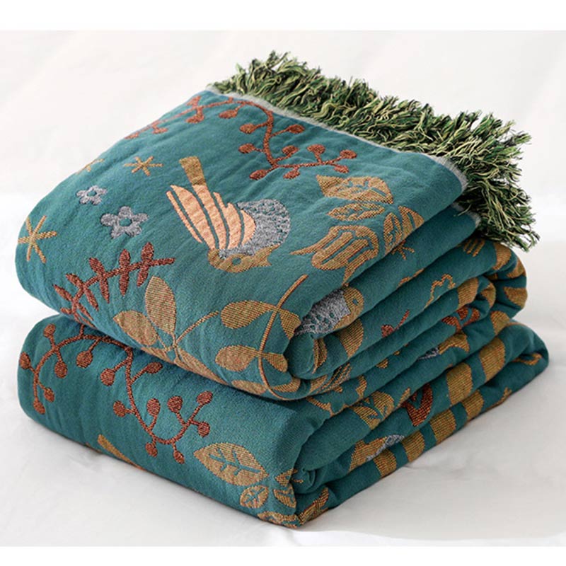 Boho cotton reversible blanket with bird and flower jacquard pattern, fringes, multi-layered sofa cover