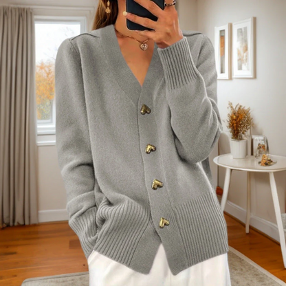 Women's cardigan with V-neck made of wool blend and heart buttons
