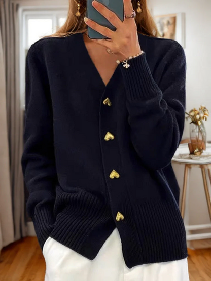 Women's cardigan with V-neck made of wool blend and heart buttons