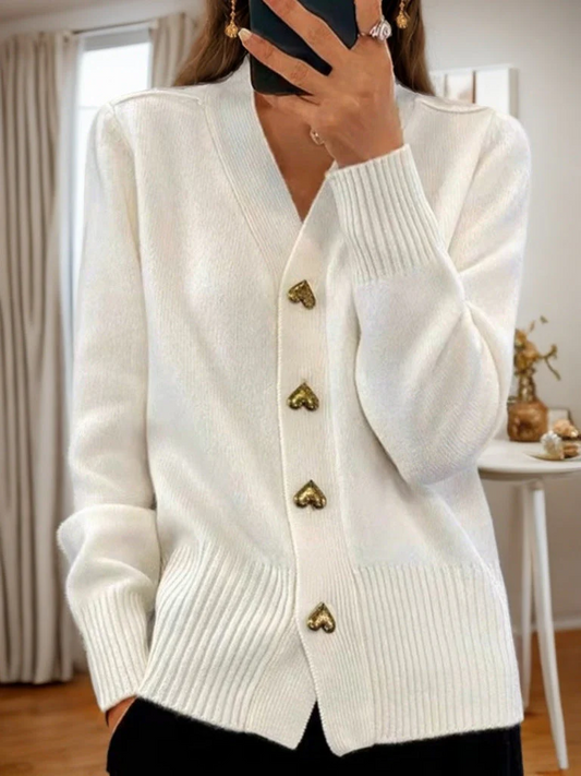 Women's cardigan with V-neck made of wool blend and heart buttons