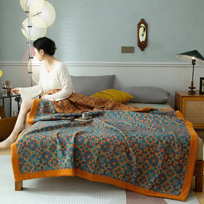 Reversible six-layer cotton blanket with mandala pattern and border, breathable for summer and transitional seasons