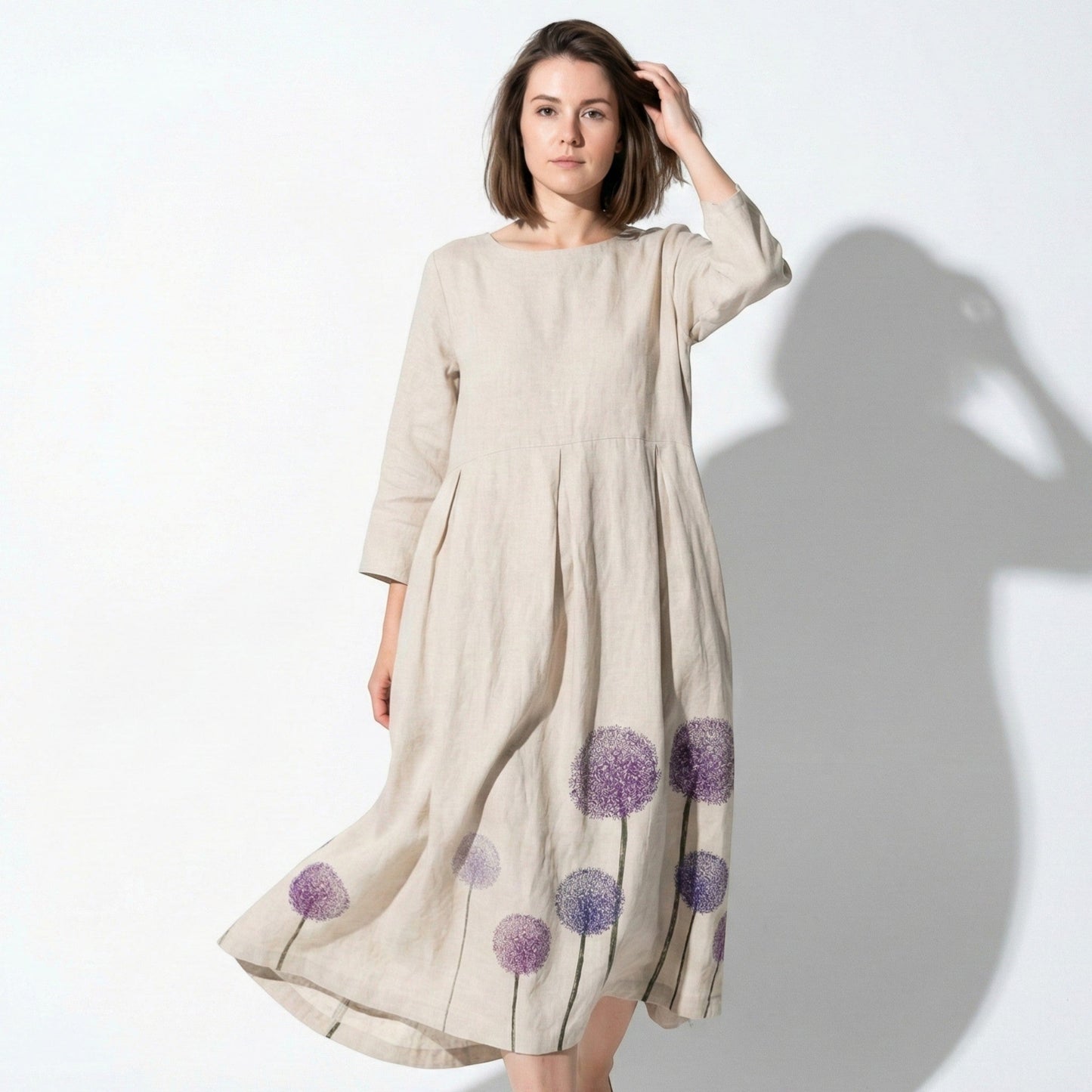 Women's Linen Maxi Dress with Boat Neck and Box Pleats Long Sleeve Loose A-Line Cut