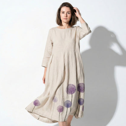 Women's Linen Maxi Dress with Boat Neck and Box Pleats Long Sleeve Loose A-Line Cut