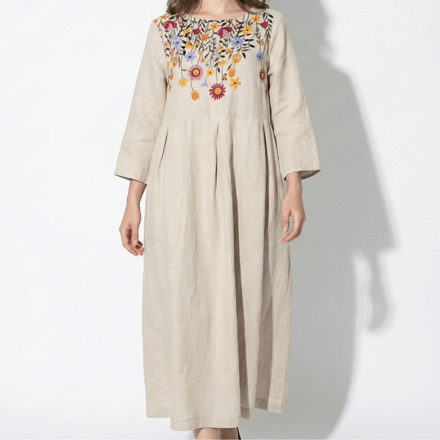Women's Linen Maxi Dress with Boat Neck and Box Pleats Long Sleeve Loose A-Line Cut