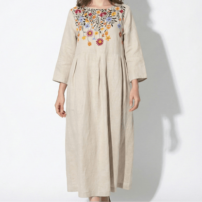 Women's Linen Maxi Dress with Boat Neck and Box Pleats Long Sleeve Loose A-Line Cut