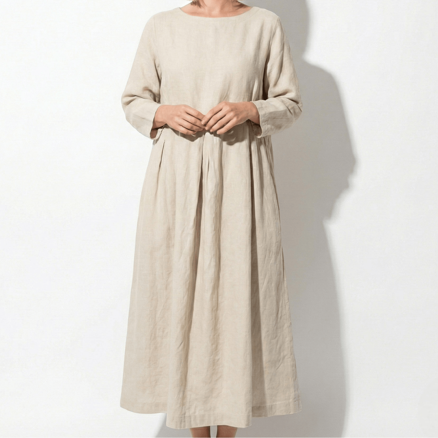 Women's Linen Maxi Dress with Boat Neck and Box Pleats Long Sleeve Loose A-Line Cut