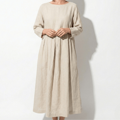 Women's Linen Maxi Dress with Boat Neck and Box Pleats Long Sleeve Loose A-Line Cut