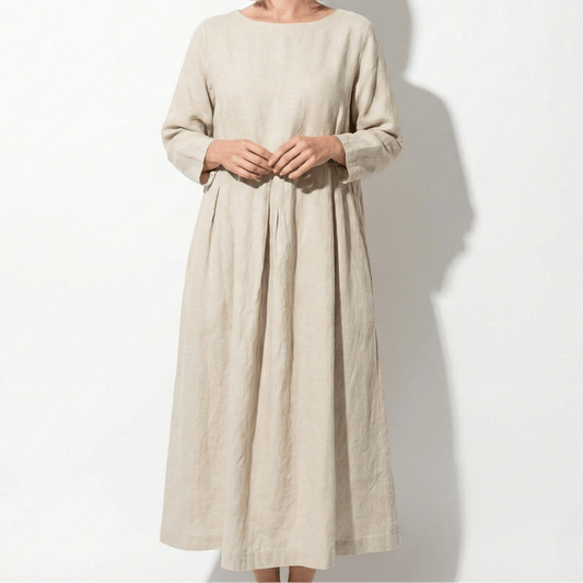 Women's Linen Maxi Dress with Boat Neck and Box Pleats Long Sleeve Loose A-Line Cut